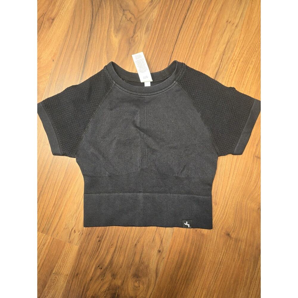Joy Lab Cropped Shirt size XS Extra Small Black Mesh Sleeve Crew Neck 5987